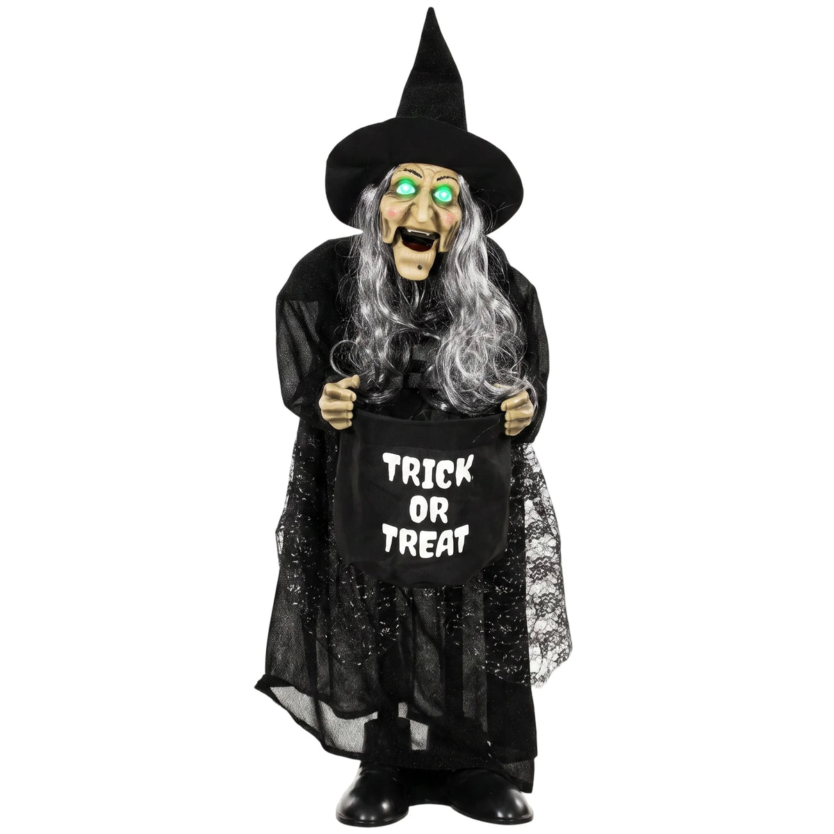 Animated Halloween witch 94cm holding a fabric candy bag