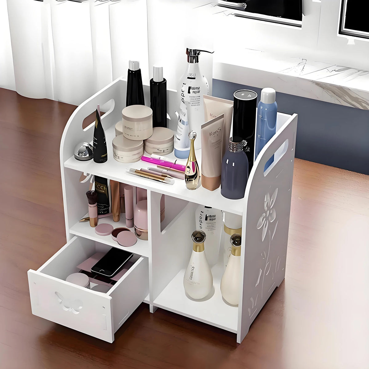 Makeup Organiser Rack 27x16x30cm White Desktop Cosmetic Storage Shelf with Drawer Multi Layer Zoned Design