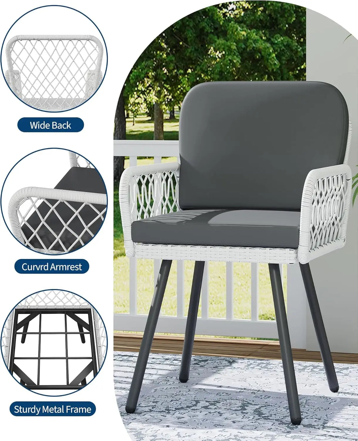 Set of 4 Modern Farmhouse Outdoor Dining Chairs PE Rattan with Cushions 350lbs Capacity for Garden Patio Balcony