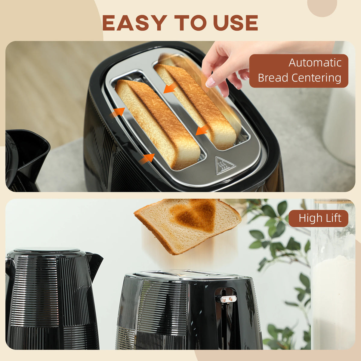 1.7L Fast Boil Kettle and 2 Slice Toaster Set with 7 Level Browning, Black