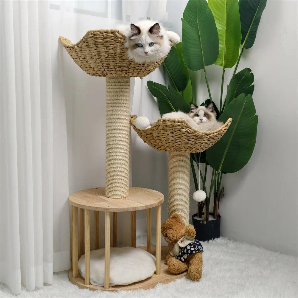 BORWART 3 Tier Cat Tree 99cm Wide Base Large Baskets Padded Perches Sisal Scratching Post Hanging Toy