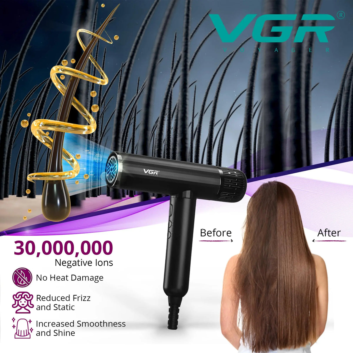 Professional Brushless Hair Dryer V-427 with Magnetic Diffuser and 2 Nozzles, 3 Heat Settings