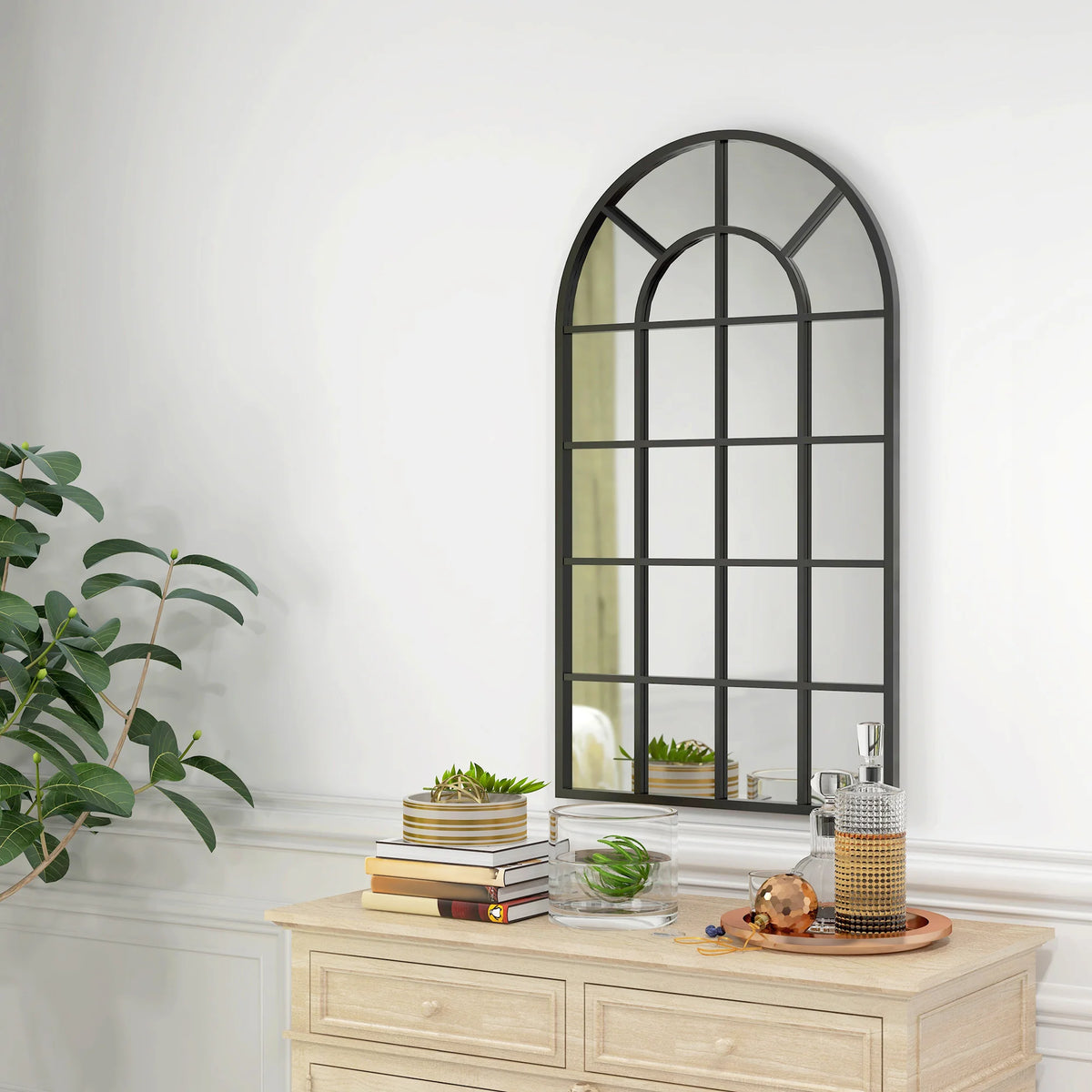 Arch Window Wall Mirror 110x62cm with 22 Panel Segments Shatterproof Thick Glass Screws Included Black