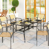 6-Seater Outdoor Garden Dining Table with Slatted Steel Top, Parasol Hole and Powder-Coated Frame