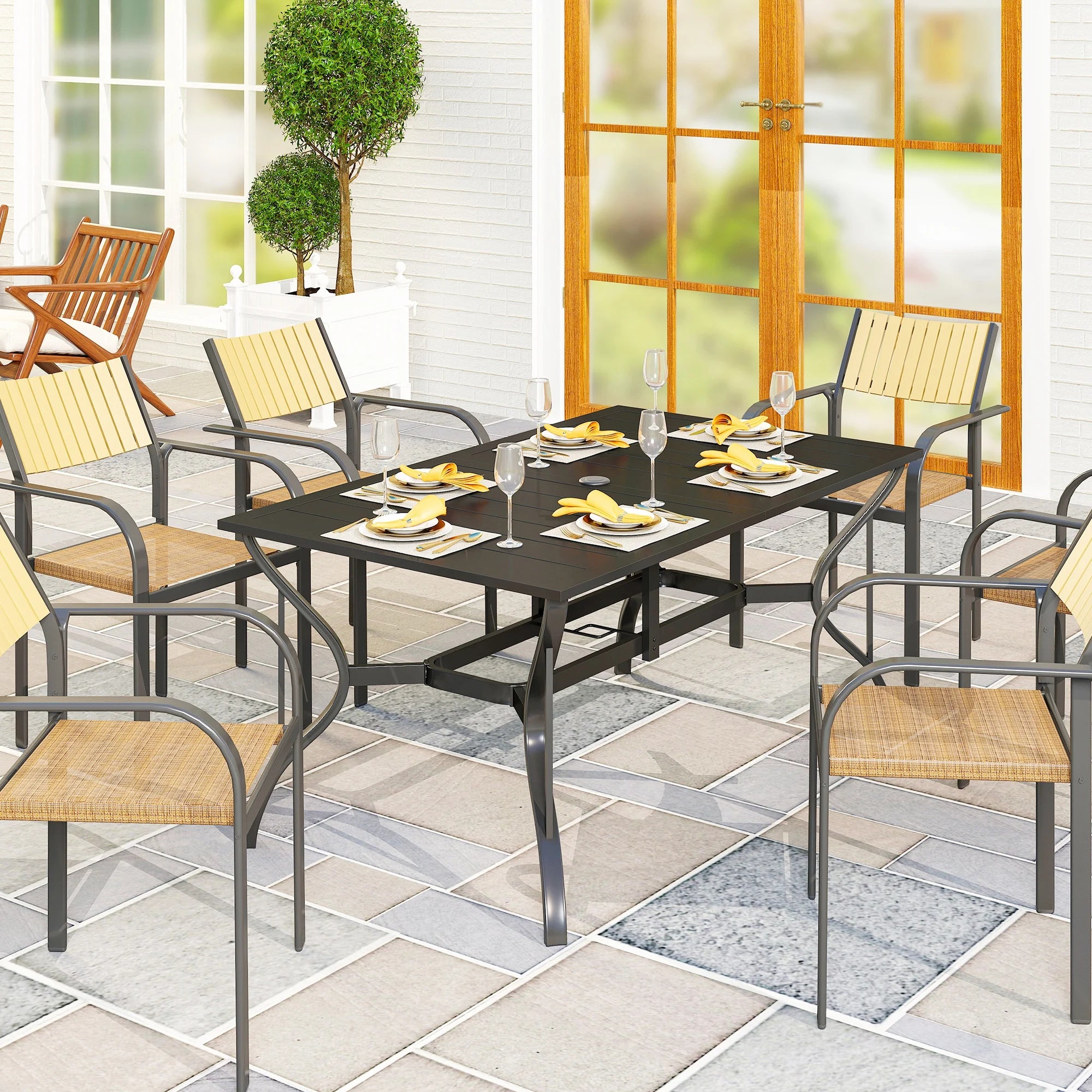 6-Seater Outdoor Garden Dining Table with Slatted Steel Top, Parasol Hole and Powder-Coated Frame