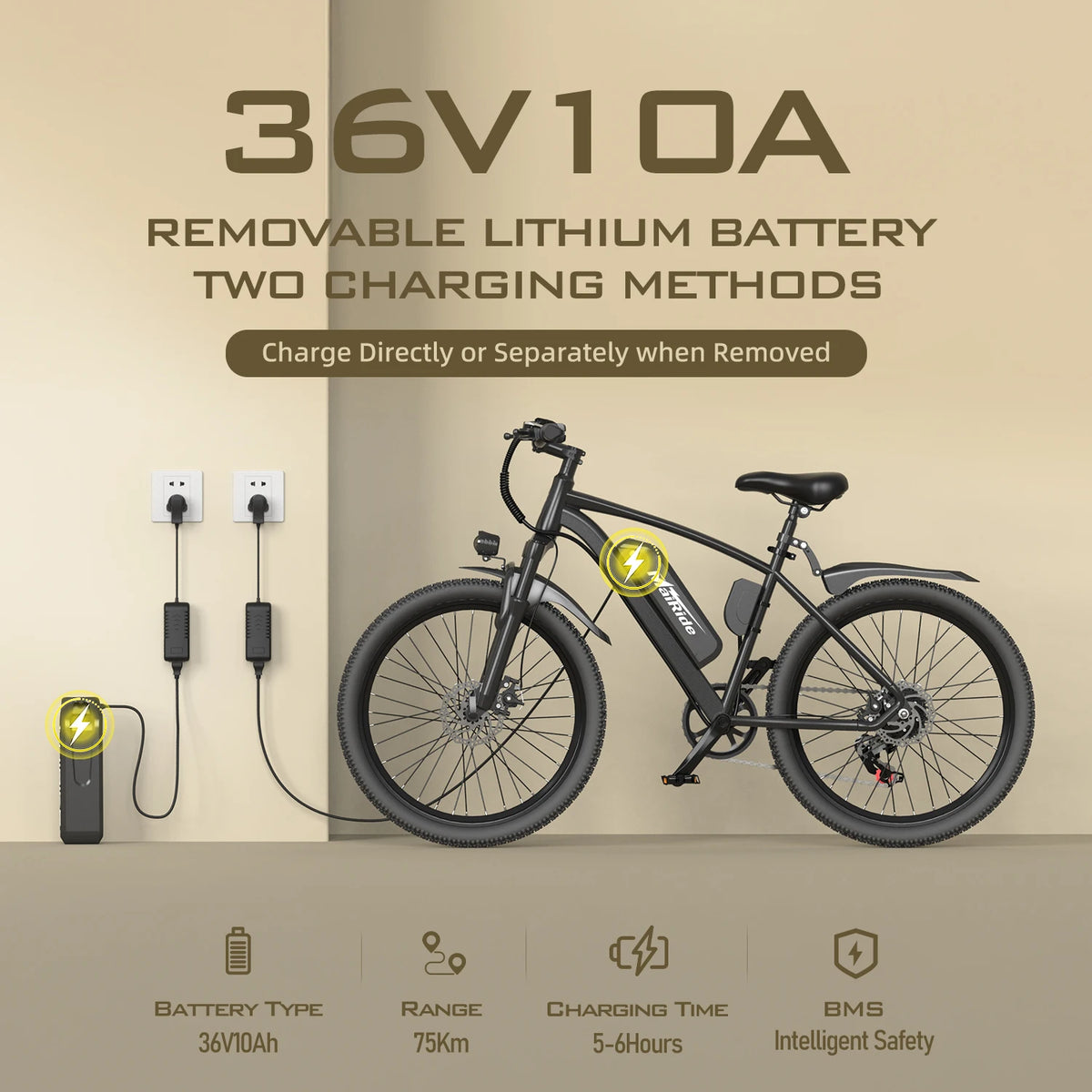 Q7 26 Inch Electric Mountain Bike with 250W Brushless Motor, 36V 10Ah Removable Battery and Front Suspension