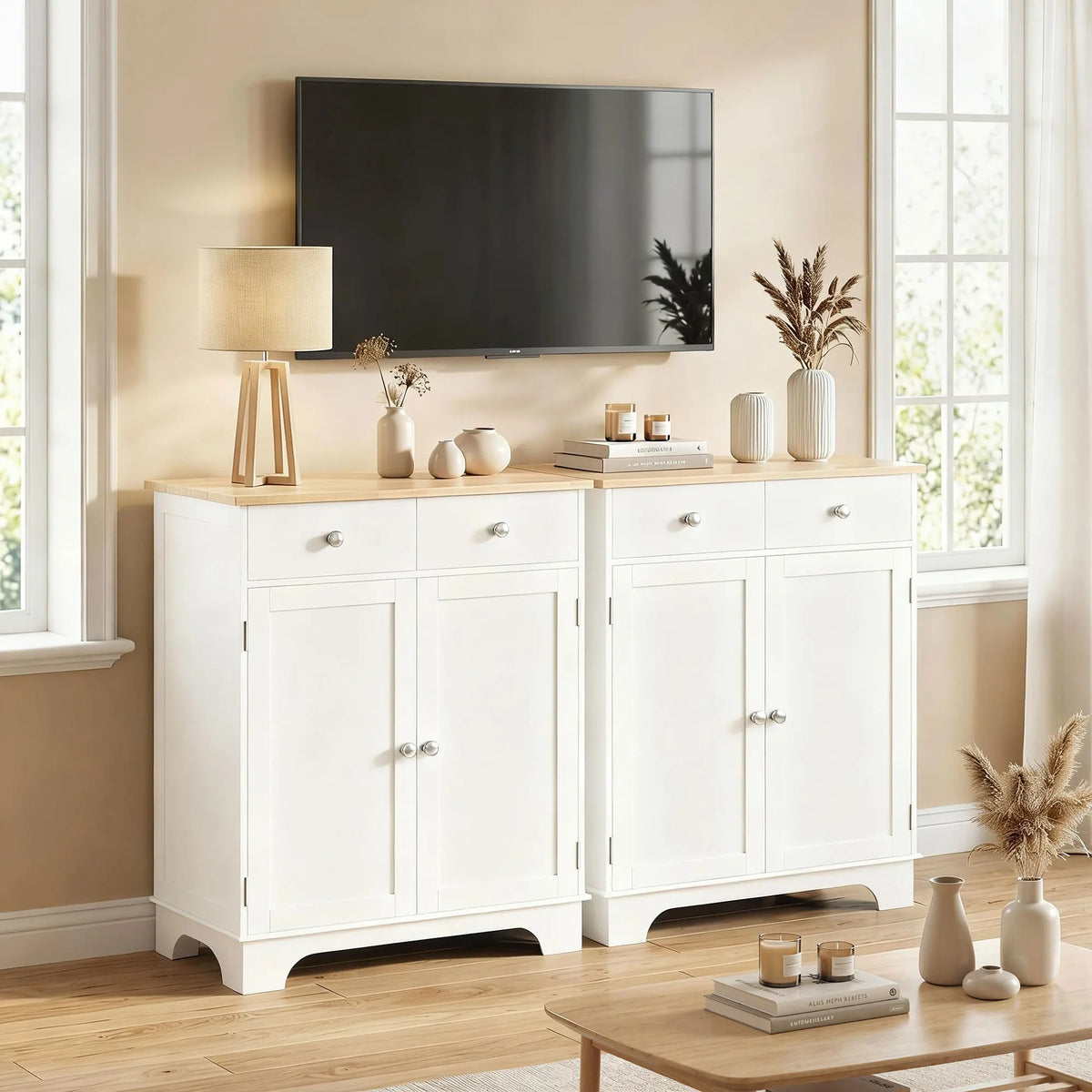 Kitchen Storage Cabinet with Rubberwood Top, 2 Drawers and Adjustable Shelf, White