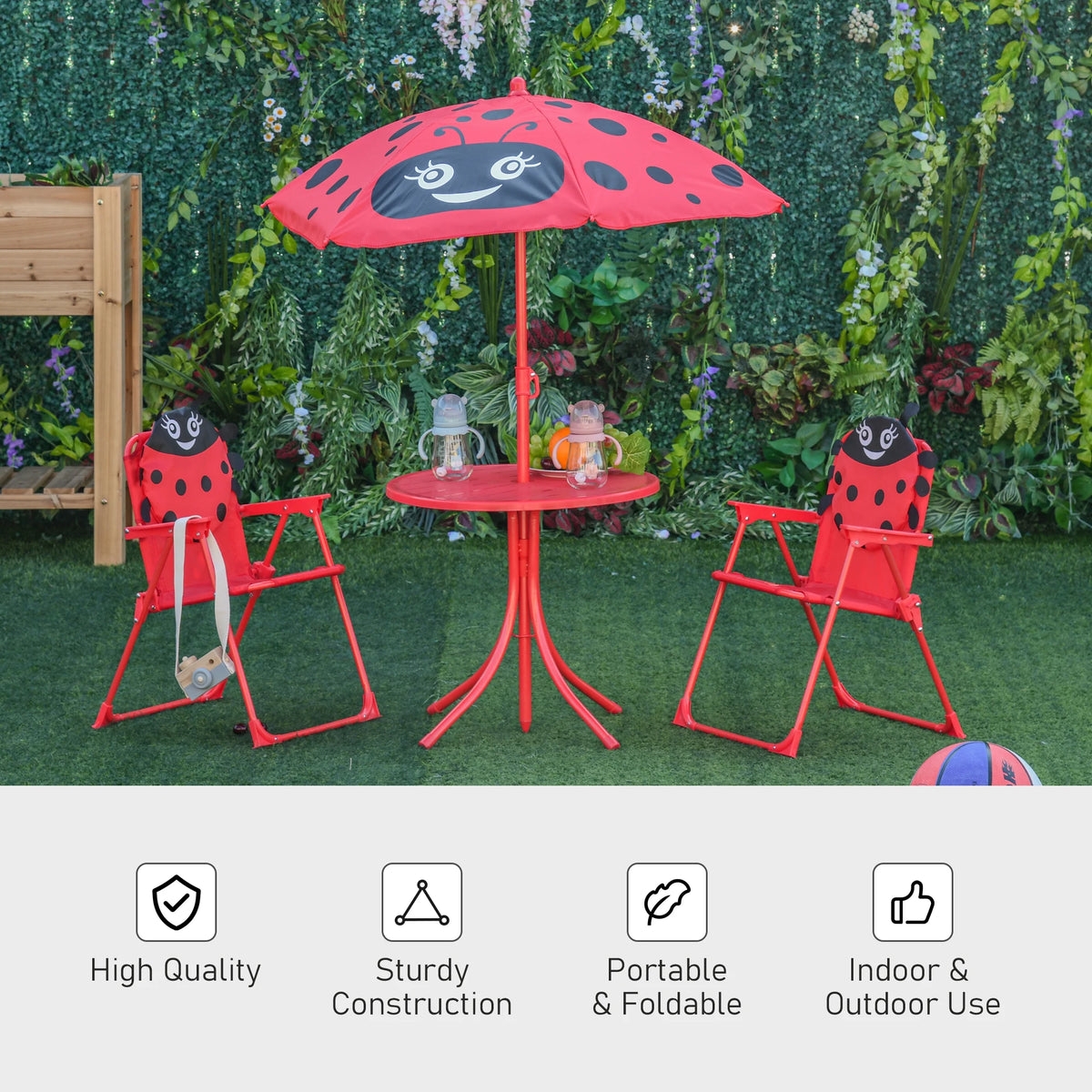 Kids Folding Picnic Table and Chair Set with Parasol Ladybird Pattern 2 Deck Chairs Metal Frame