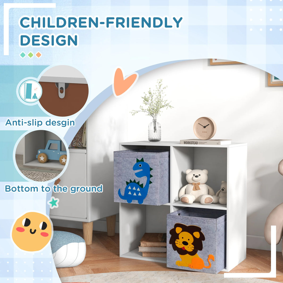 Kids Toy Organiser with 4 Cubes and 2 Fabric Drawers 61.8x61.8x29.9cm Anti Tip Animal Design Grey and White