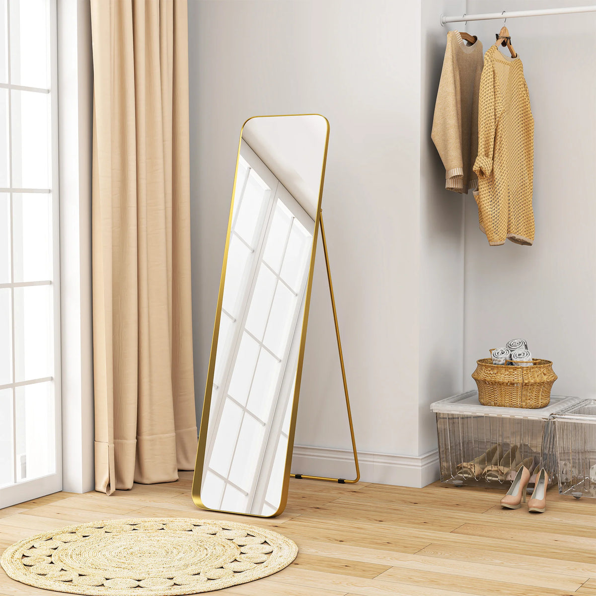 Full Length Mirror with Tilting Bracket, Rectangular Floor Mirror, 40 x 160 cm, Gold Tone
