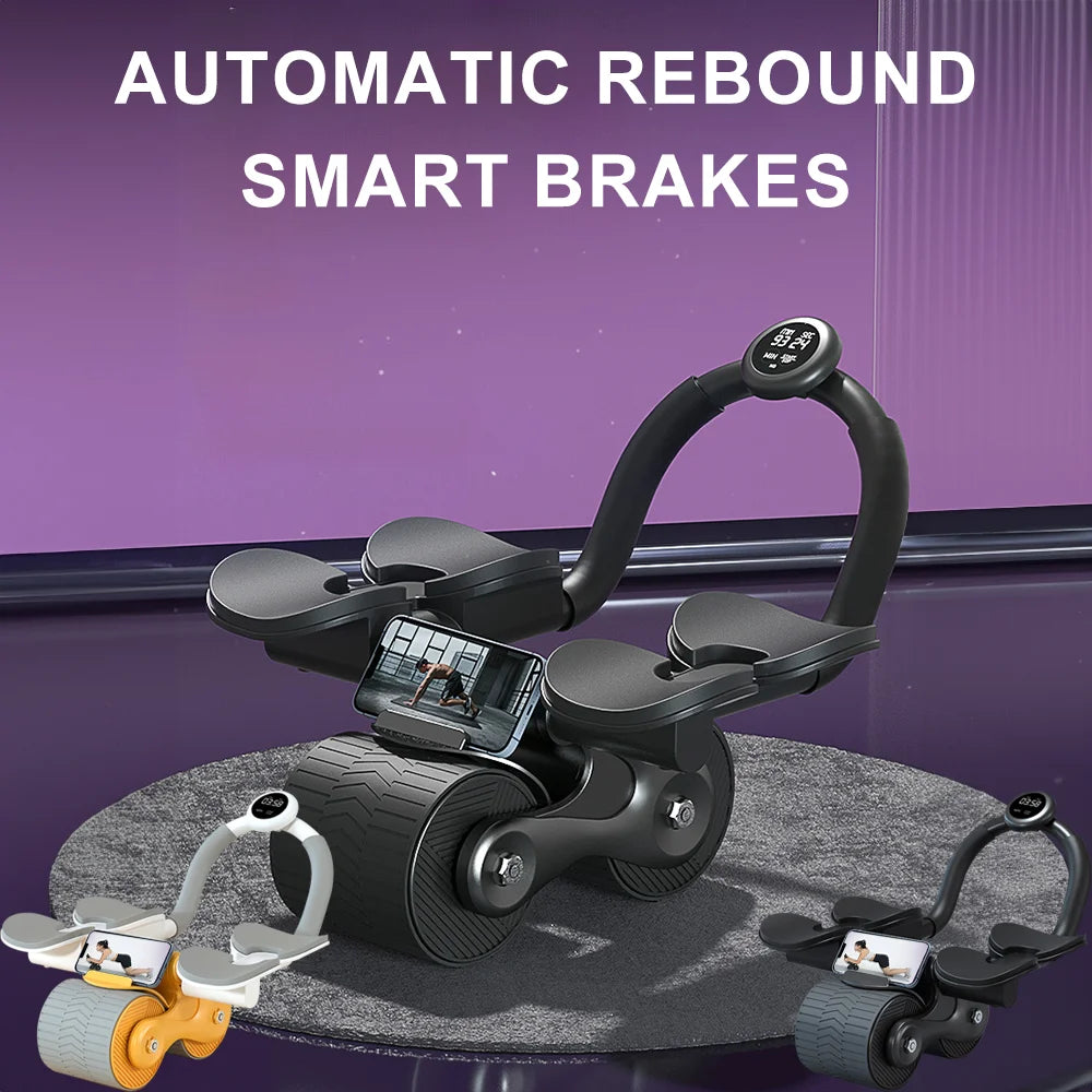 Ab Roller Wheel with Timer Automatic Rebound Four Point Elbow Support 4 Kneeling Pads Quiet Core Trainer