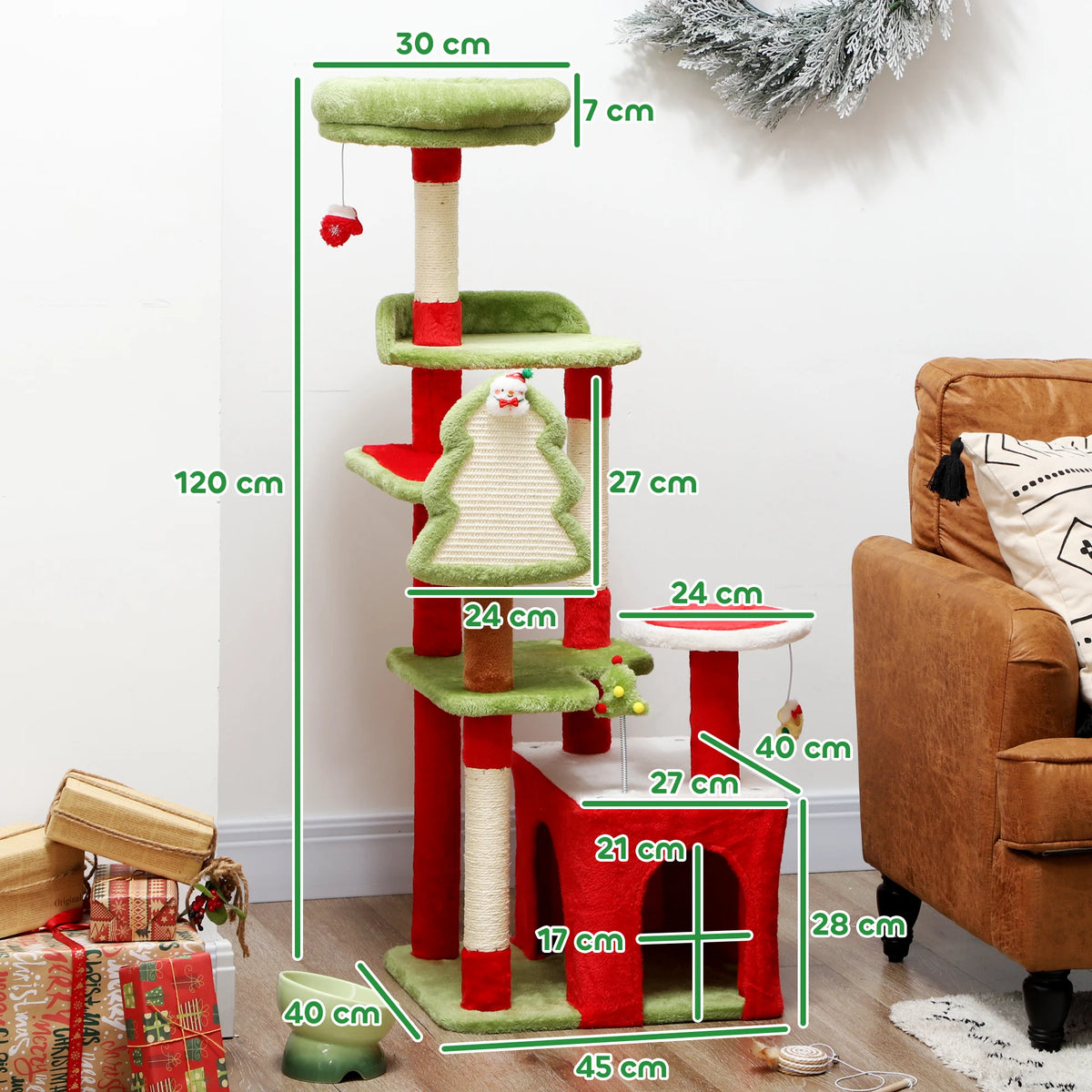 Christmas Cat Tree 120cm Festive Cat Tower with 3 Sisal Scratching Posts Condo Perch and Hanging Toys