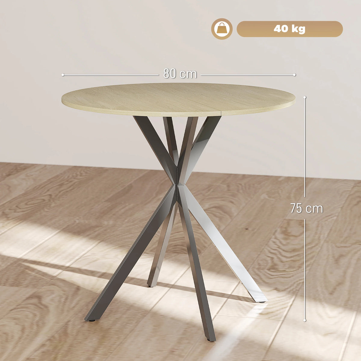 Round Dining Table 80cm Industrial Kitchen Table with Cross Steel Legs White Oak Effect Seats 2-4