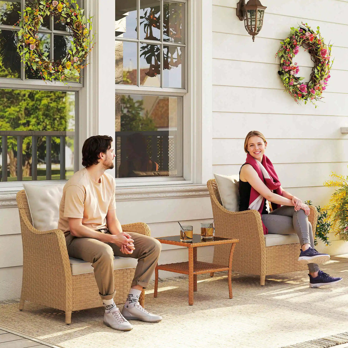 Rattan Garden Chairs Set of 2, Outdoor Chairs with Cushions, Armrests and High Back, Beige