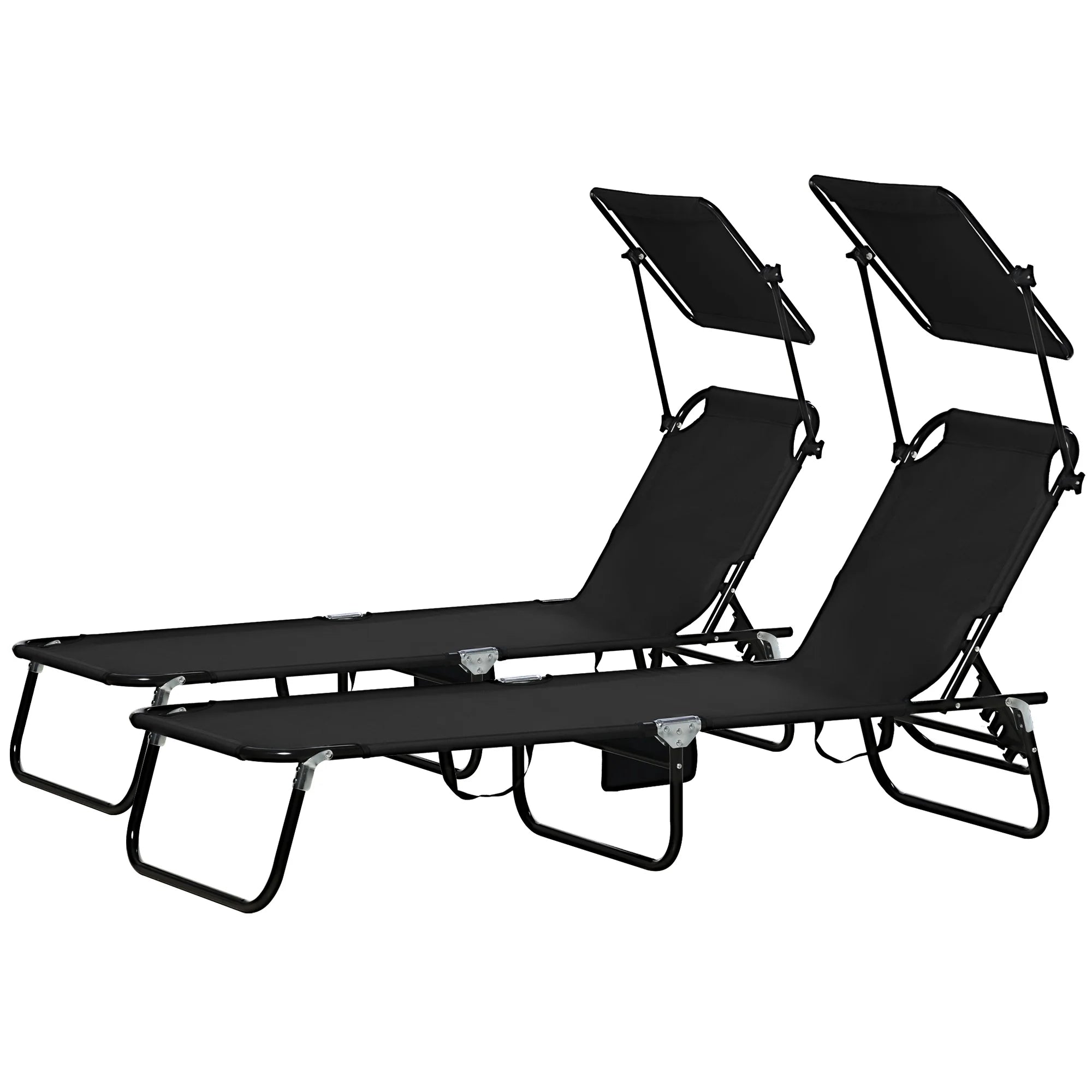 Set of 2 Folding Sun Loungers with Canopy, 5-Position Recline, Side Pocket and Breathable Mesh Fabric
