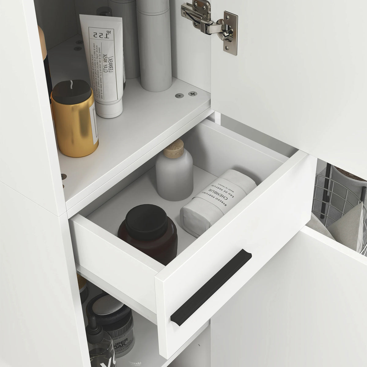 Slim 34cm wide bathroom cabinet shown against a wall