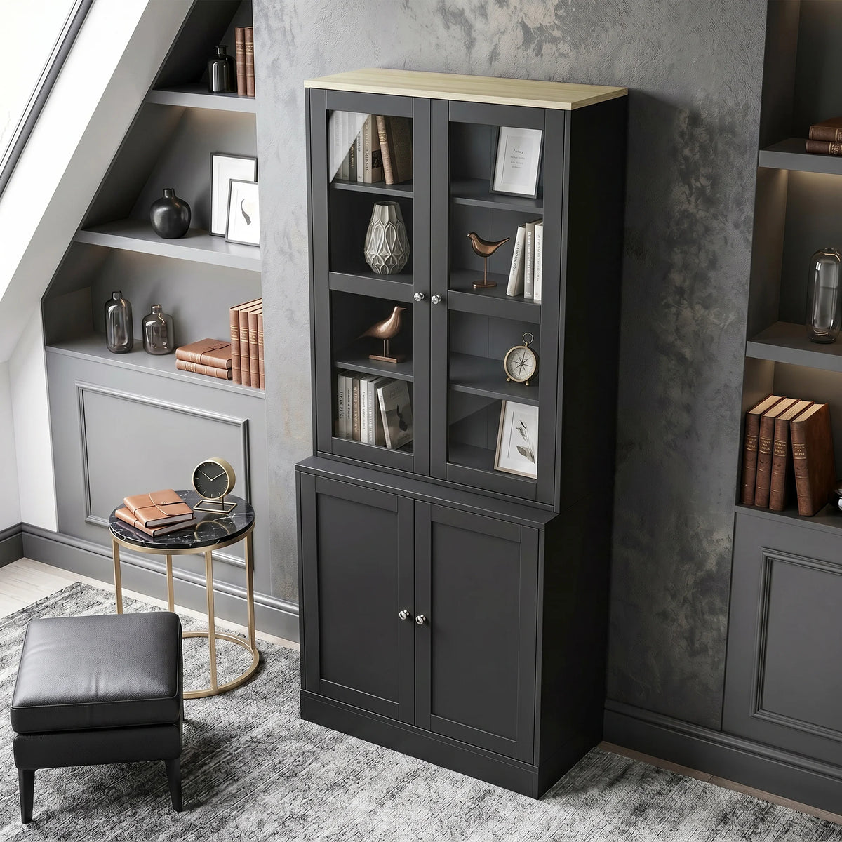 Bookcase Display Cabinet with Glass Doors and Adjustable Shelves, Black