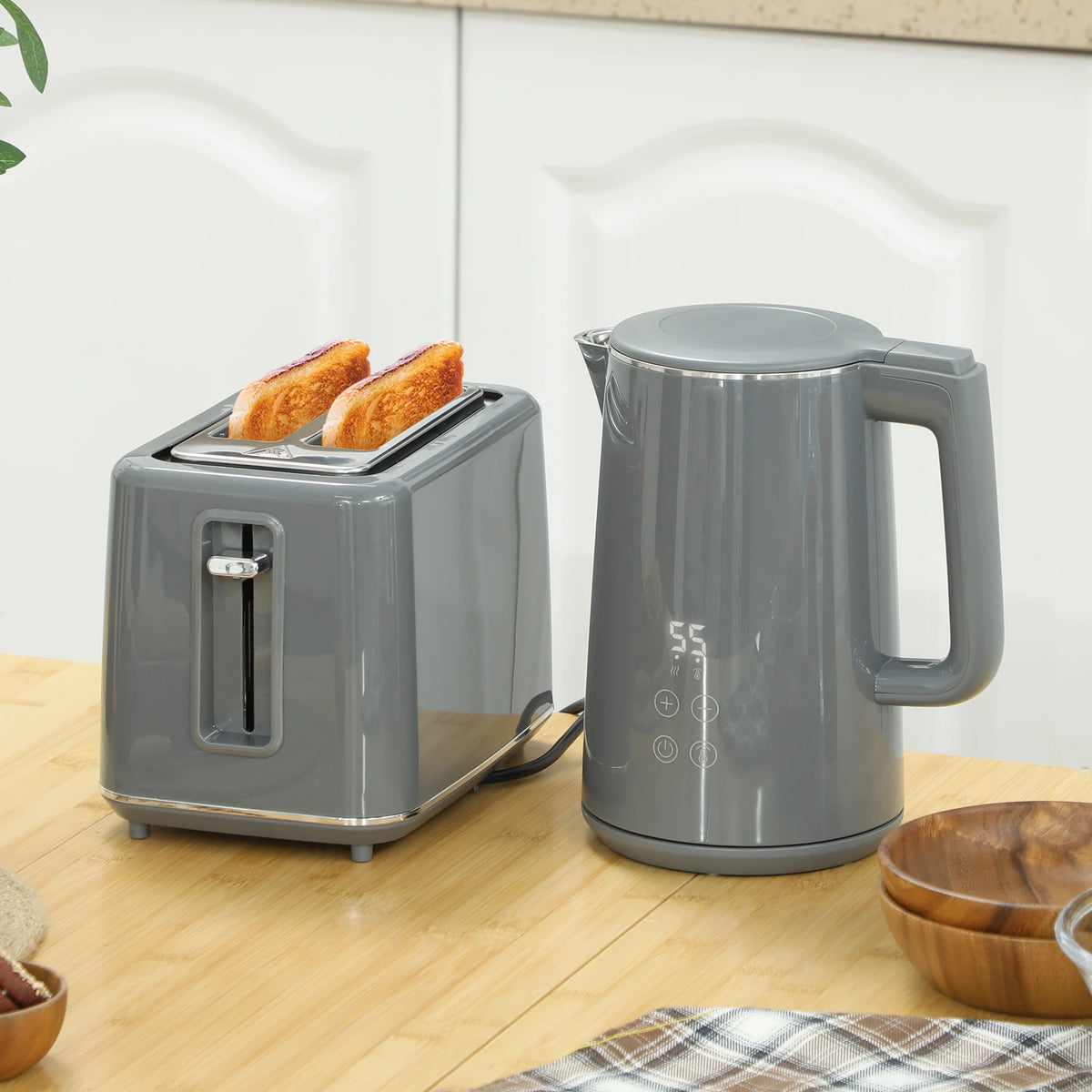 1.5L 3000W Fast Boil Kettle and 2-Slice Toaster Set with Insulation, Grey