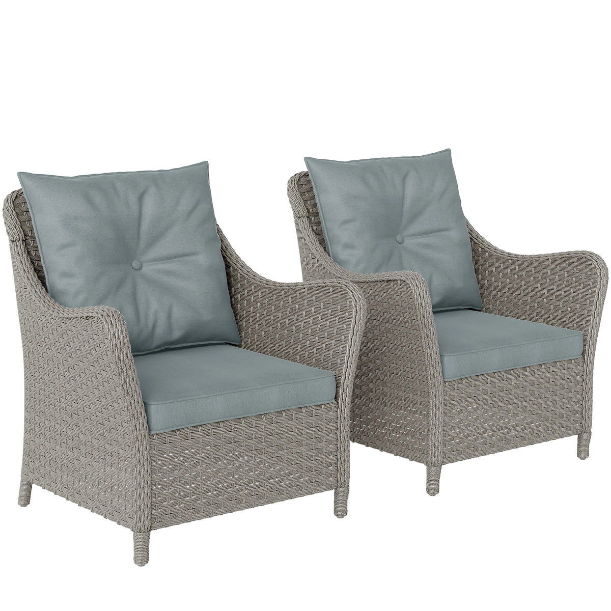 Rattan Garden Chairs Set of 2 with Cushions, High Back Outdoor Armchairs, Light Grey