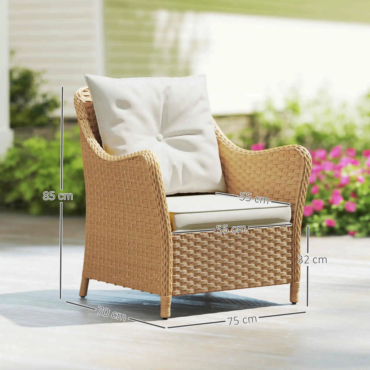 Rattan Garden Chairs Set of 2, Outdoor Rattan Chairs with Cushions, Armrests and High Back, Porch, Beige