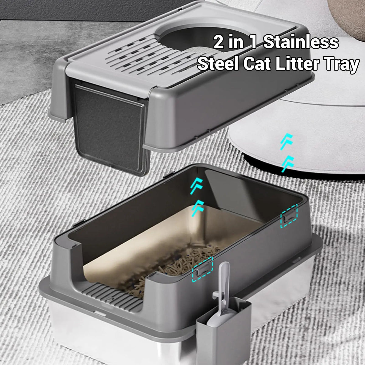 Stainless Steel High-Sided Cat Litter Box Leak-Proof Lid Large Tray for All Cats