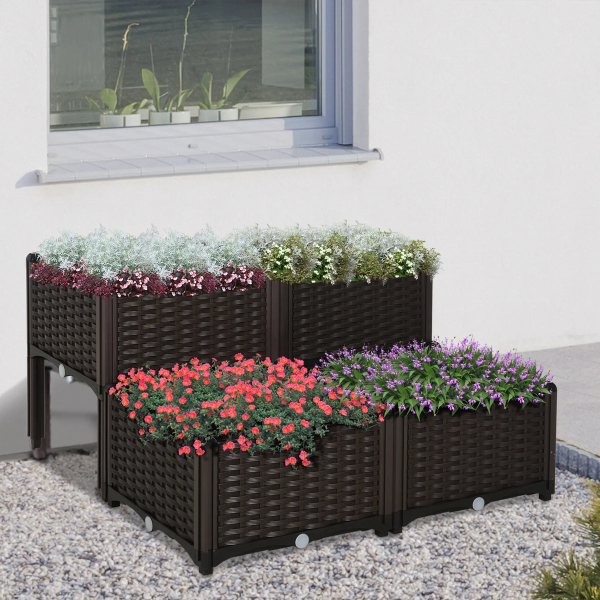 Set of 4 26L Garden Raised Bed Elevated Patio Flower Plant Planter Box PP Vegetables Planting Container, Brown