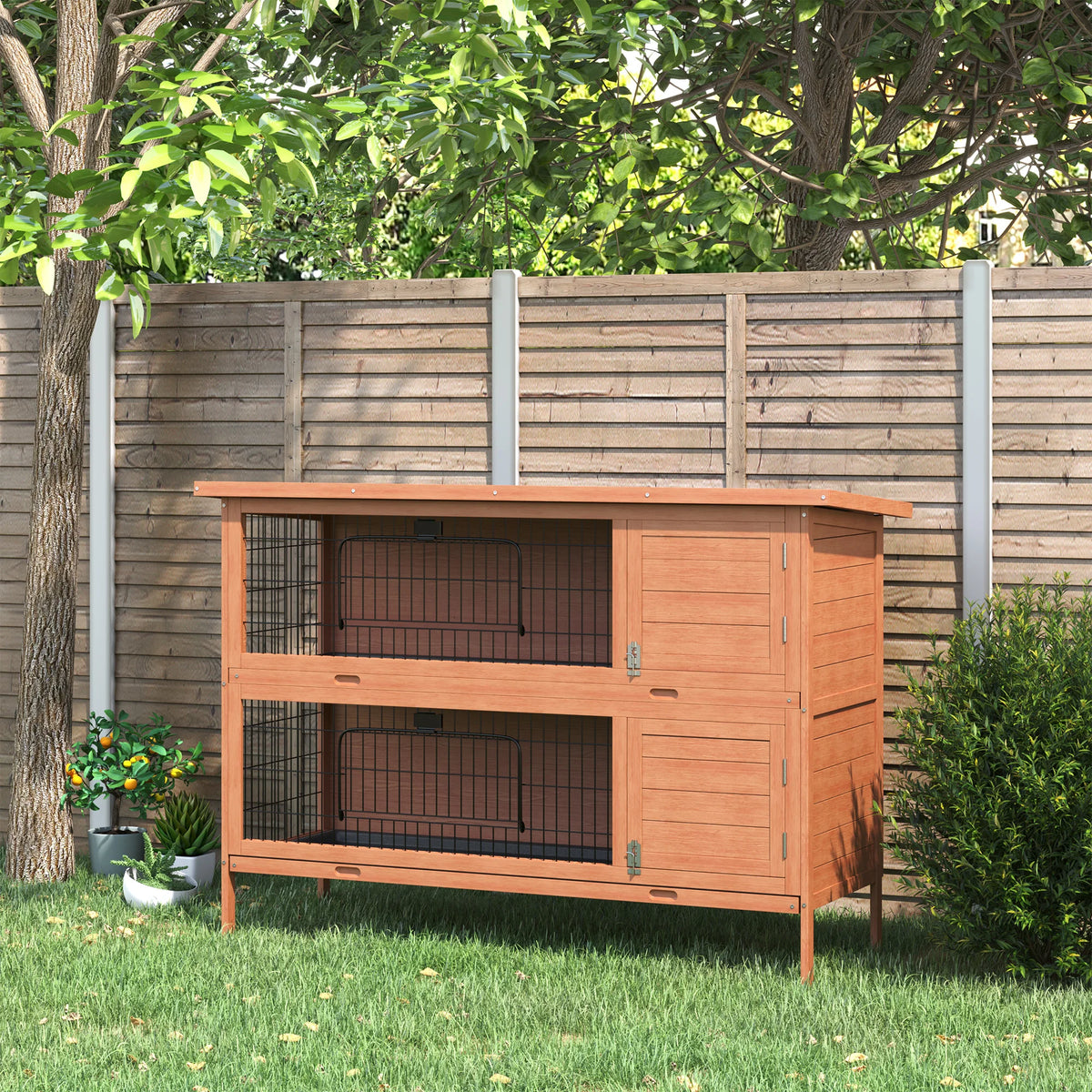 Large Rabbit Hutch 54 Inch 2 Tier with Divider 4 Doors 2 Sliding Trays and Asphalt Roof Fir Wood