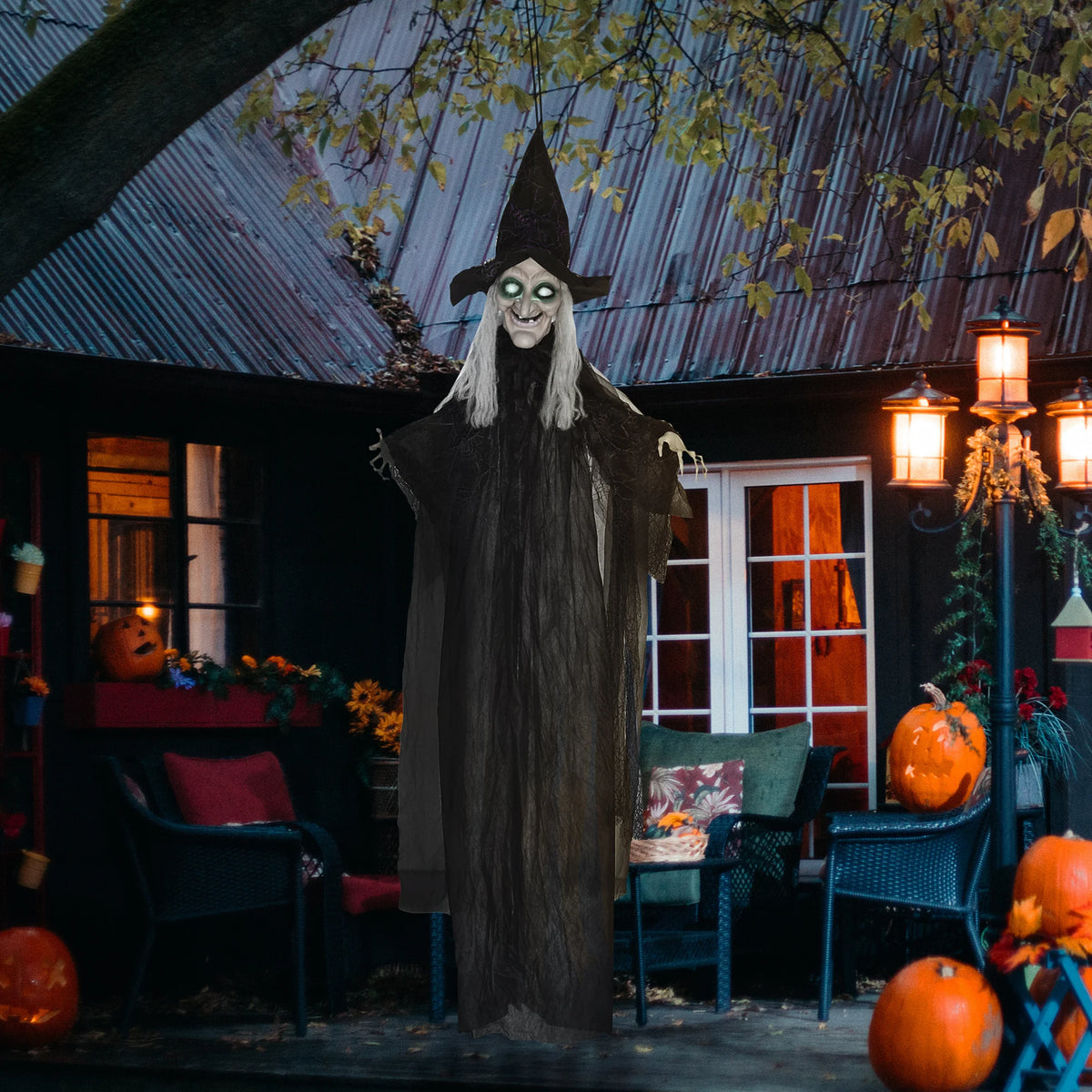 Hanging Witch Prop, Life-Size with Light-Up Eyes and Talking Sound