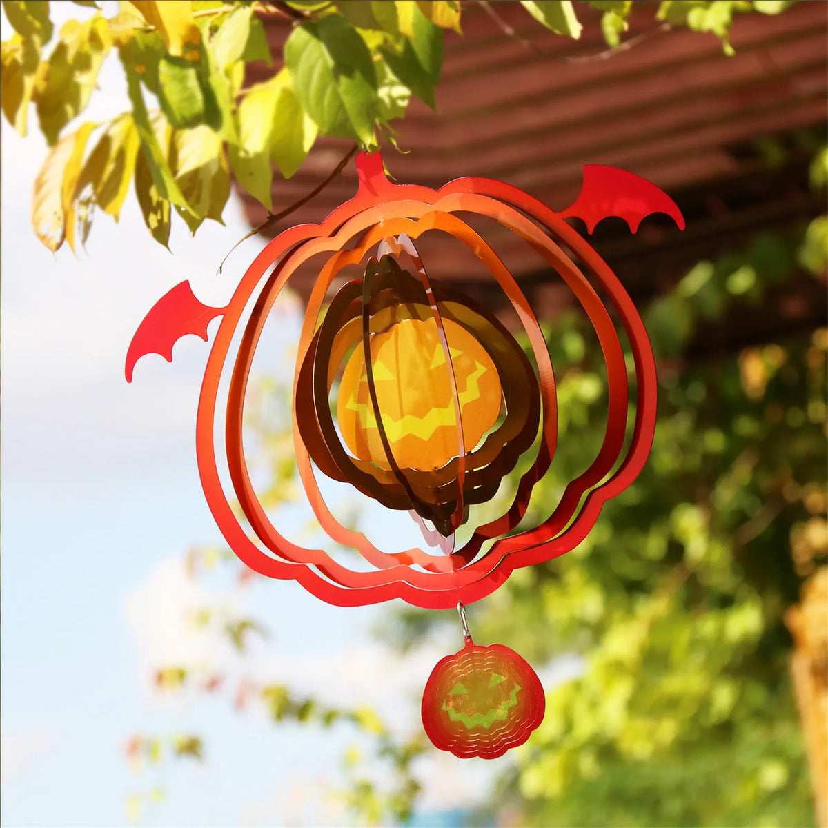 Halloween Pumpkin Wind Spinner, Stainless Steel Hanging Garden Decoration, 33cm