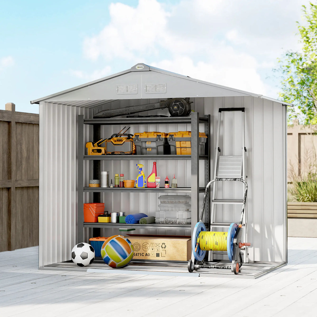 7 x 4ft Metal Garden Shed with Lockable Sliding Doors and Foundation Kit, Light Grey