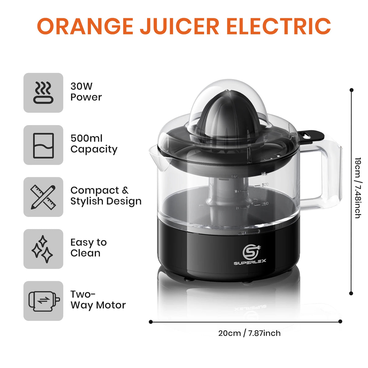Electric Citrus Juicer 500ml with Two-Way Rotation 30W Motor Detachable Parts and Easy Clean Design for Oranges Lemons and Limes