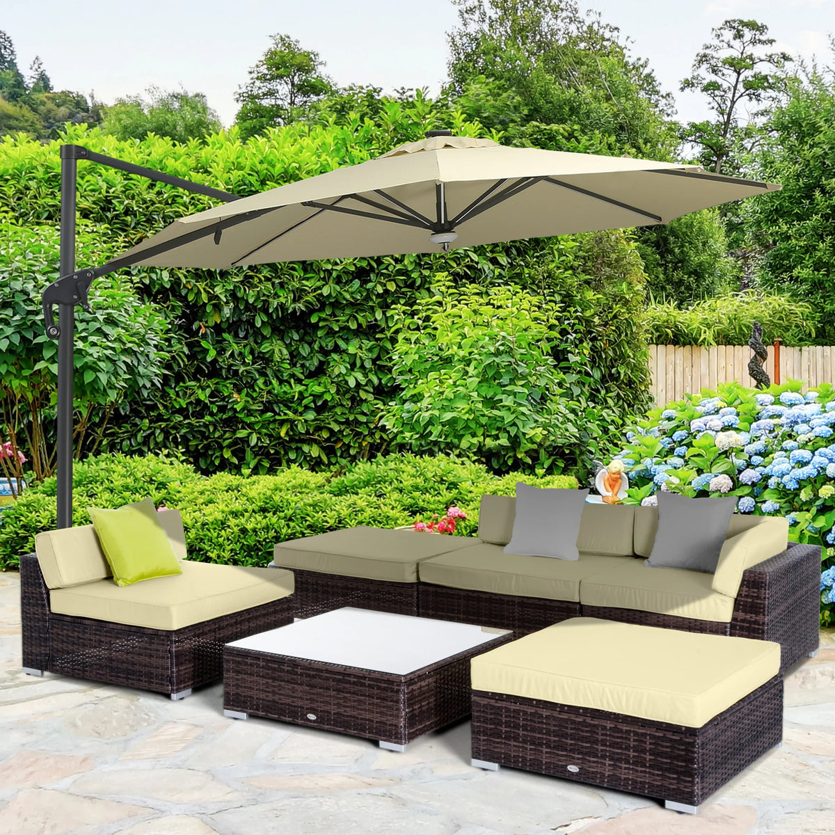 6 PC Rattan Sofa Coffee Table Set, Sectional Wicker Weave Furniture for Garden, Outdoor, Conservatory, Brown