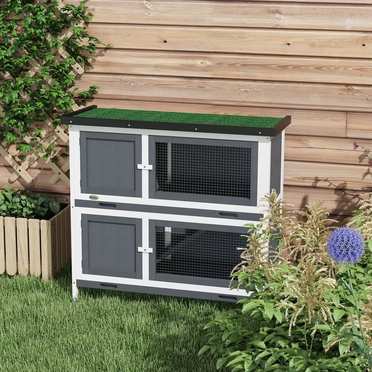 Two-Tier Wooden Rabbit Hutch with Ramp, Slide-Out Trays and Openable Roof, Grey