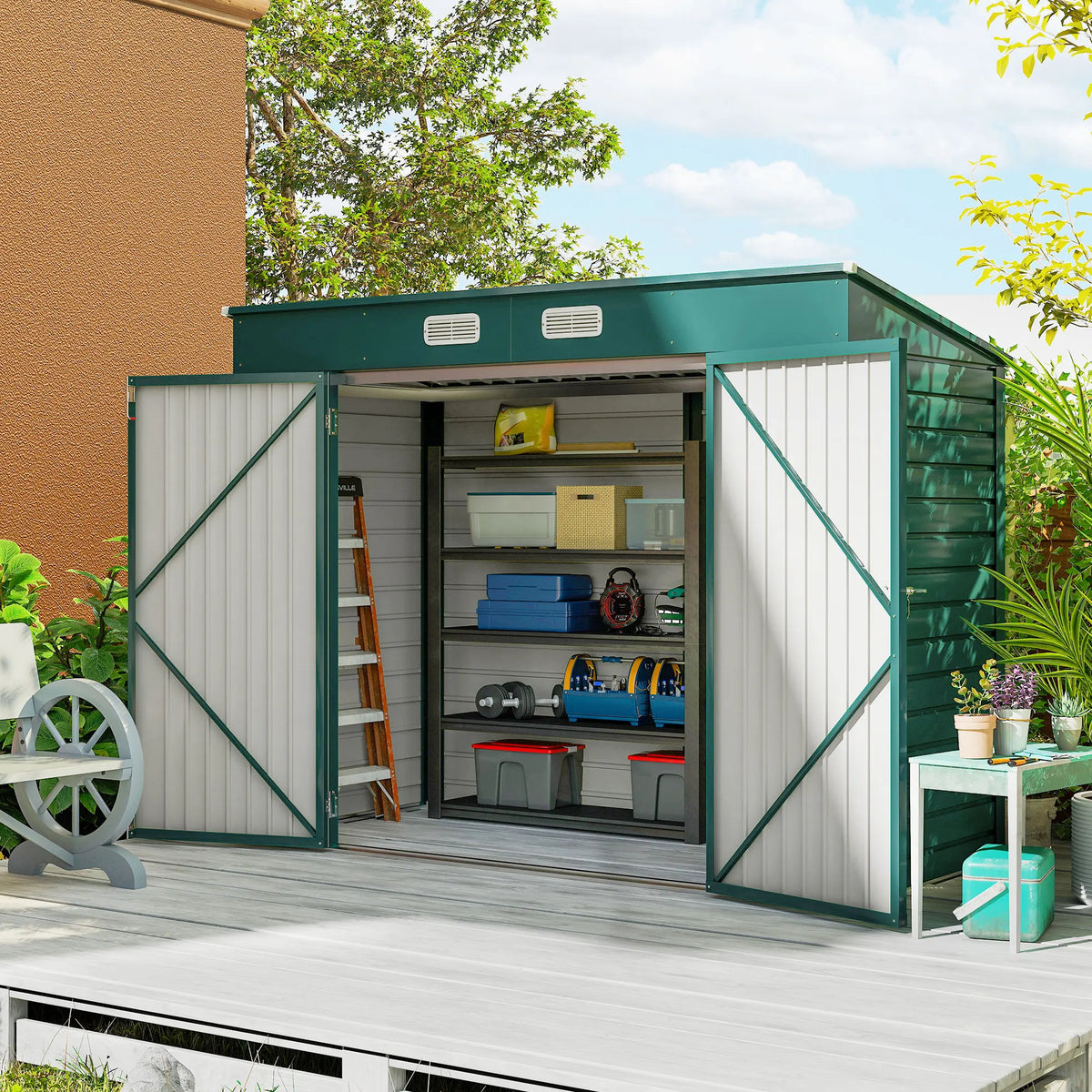 8 x 4ft Metal Garden Shed with Double Doors, Vents and Padlock, Green
