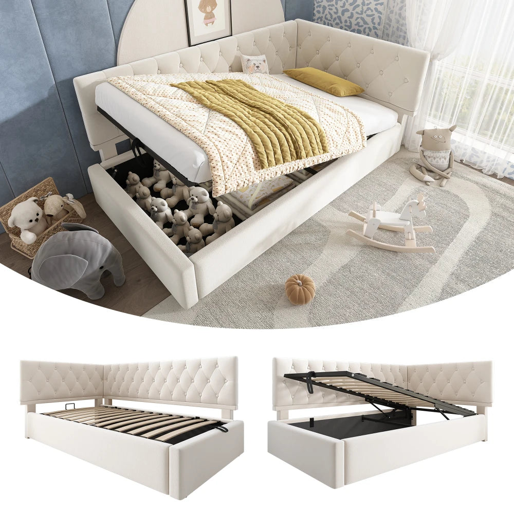 3ft Single Ottoman Daybed with Hydraulic Storage, Velvet Upholstered Sofa Bed, Beige