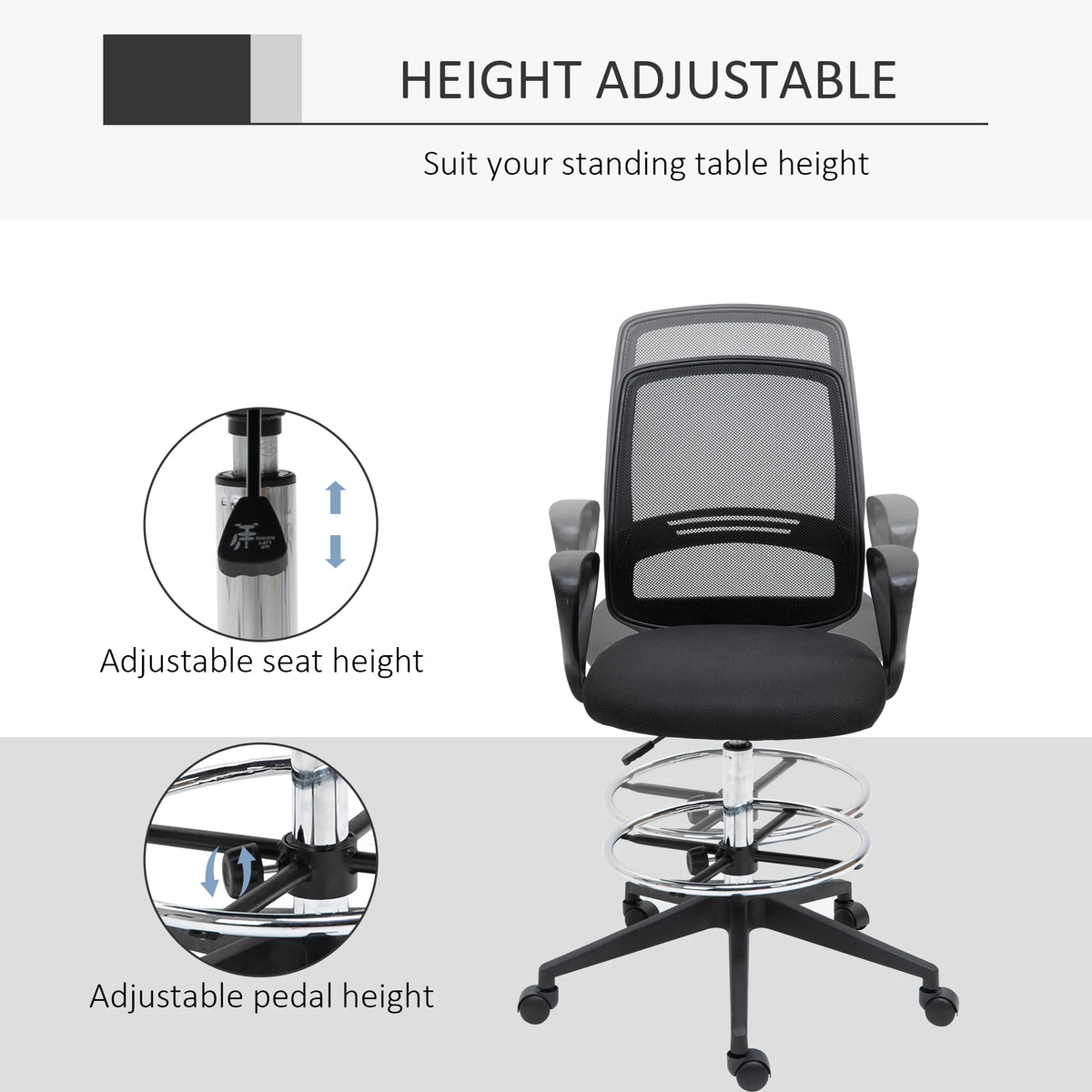 Tall Draughtsman Office Chair, 102.5-126cm Adjustable with Mesh Back and Foot Ring