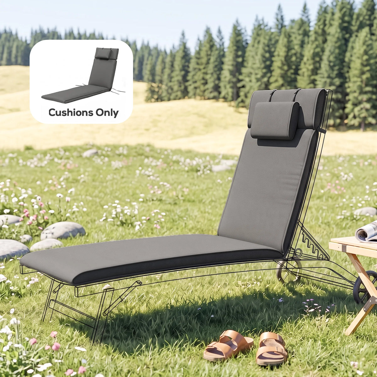 Garden Sun Lounger Cushion Only, Soft Reclining Padded with Pillow, Grey