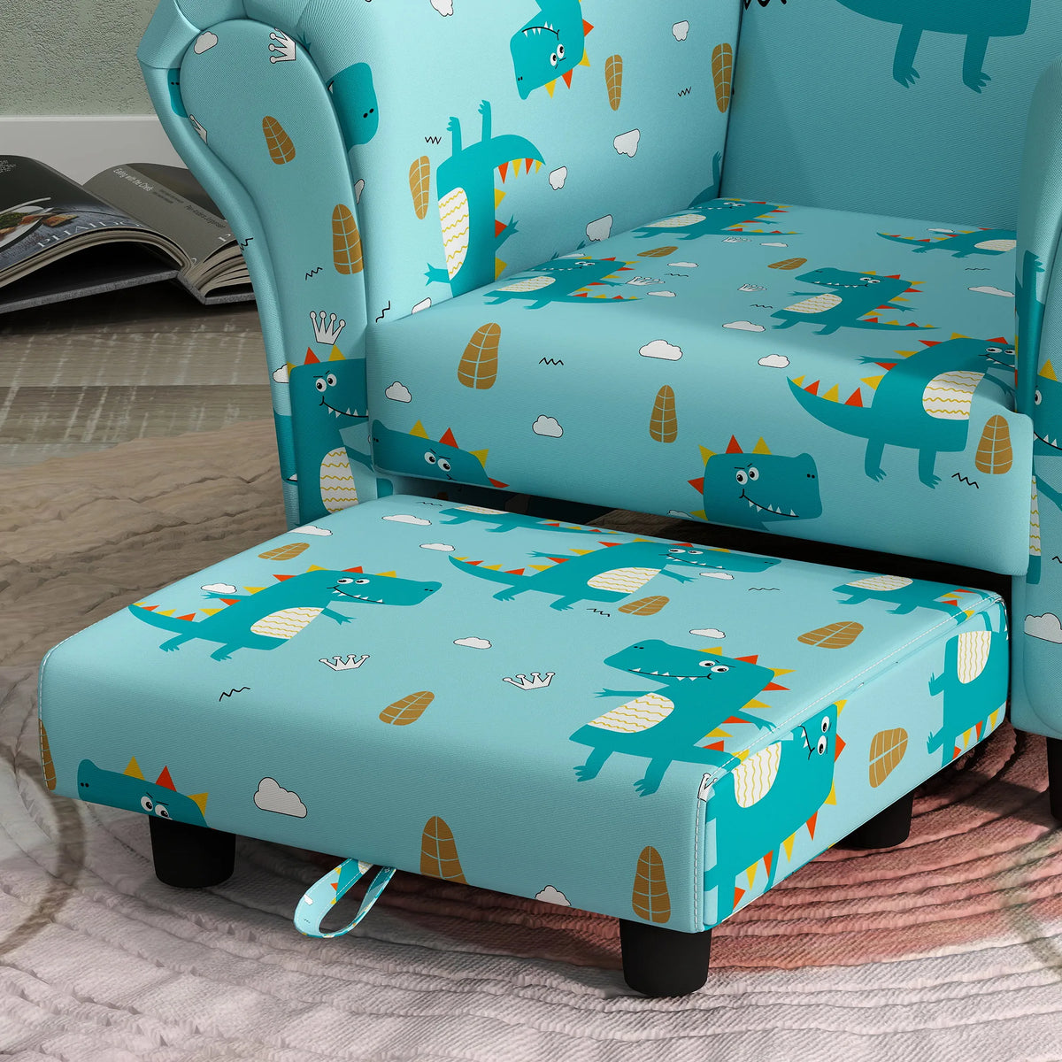 2 Piece Kids Sofa Set Armchair with Tuck Away Stool Dinosaur Print Wooden Frame for Ages 1.5-3 Years