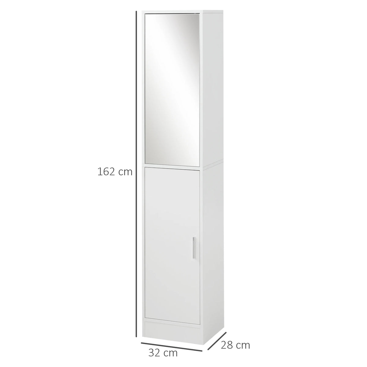 Tall Mirrored Bathroom Cabinet with Adjustable Shelves, Slim Tallboy Unit, 32 x 28 x 162 cm, White