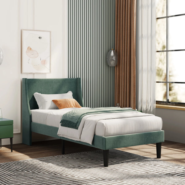 3FT Single Bed with Winged Headboard, Dark Green Velvet Upholstery, Wood Slat Support
