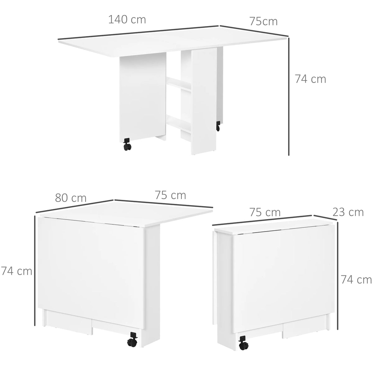 Mobile Drop Leaf Dining Table, Folding Table w/ 2 Wheels, White