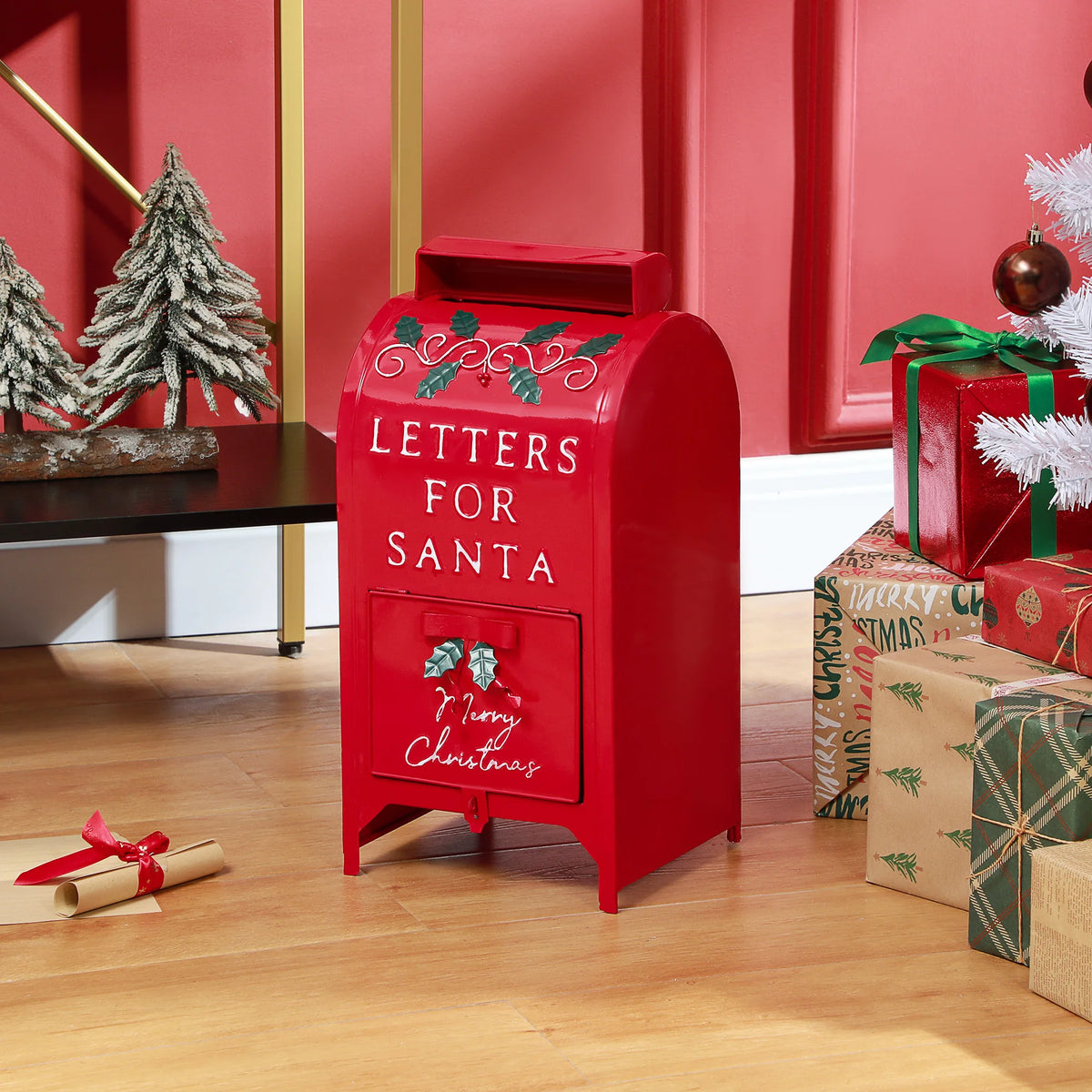 Letters to Santa Christmas Post Box, Steel Mailbox with Padlock Slot, Red