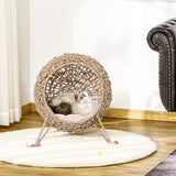Wicker Cat House Ball Shaped Rattan Raised Cat Bed with Cushion Three Leg Metal Base for Cats under 5kg