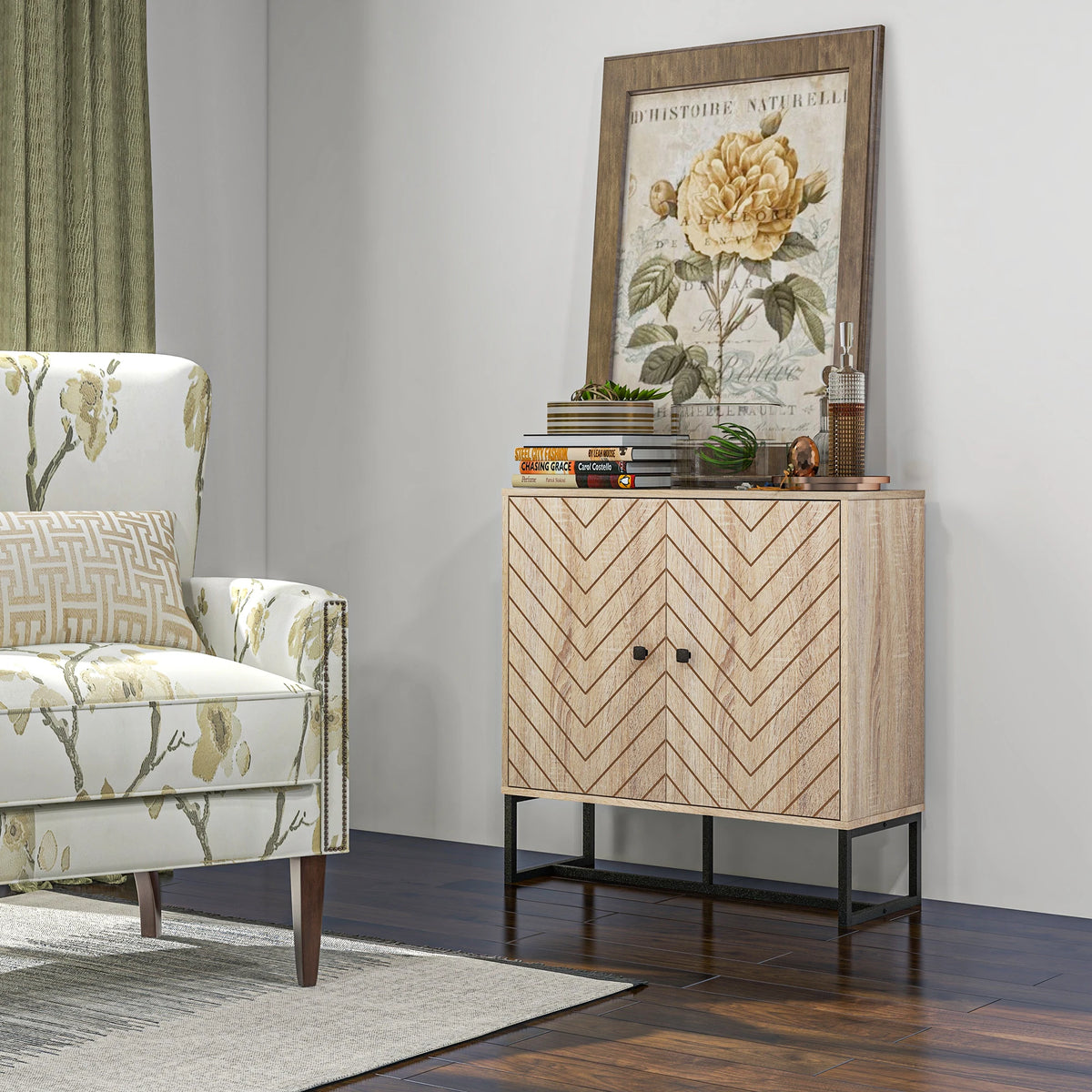 Embossed Arrow Storage Cabinet with Adjustable Shelf, Metal Frame Handles