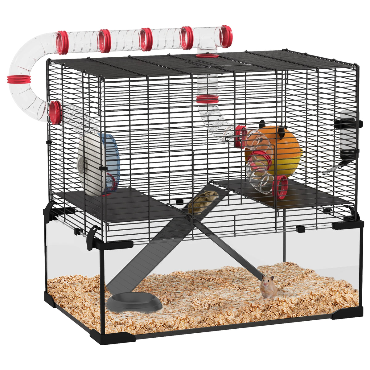 Large Hamster Cage, Gerbil Cage with Deep Glass Bottom, Tunnels, Non-Slip Ramps, Exercise Wheels, Water Bottle, Dish