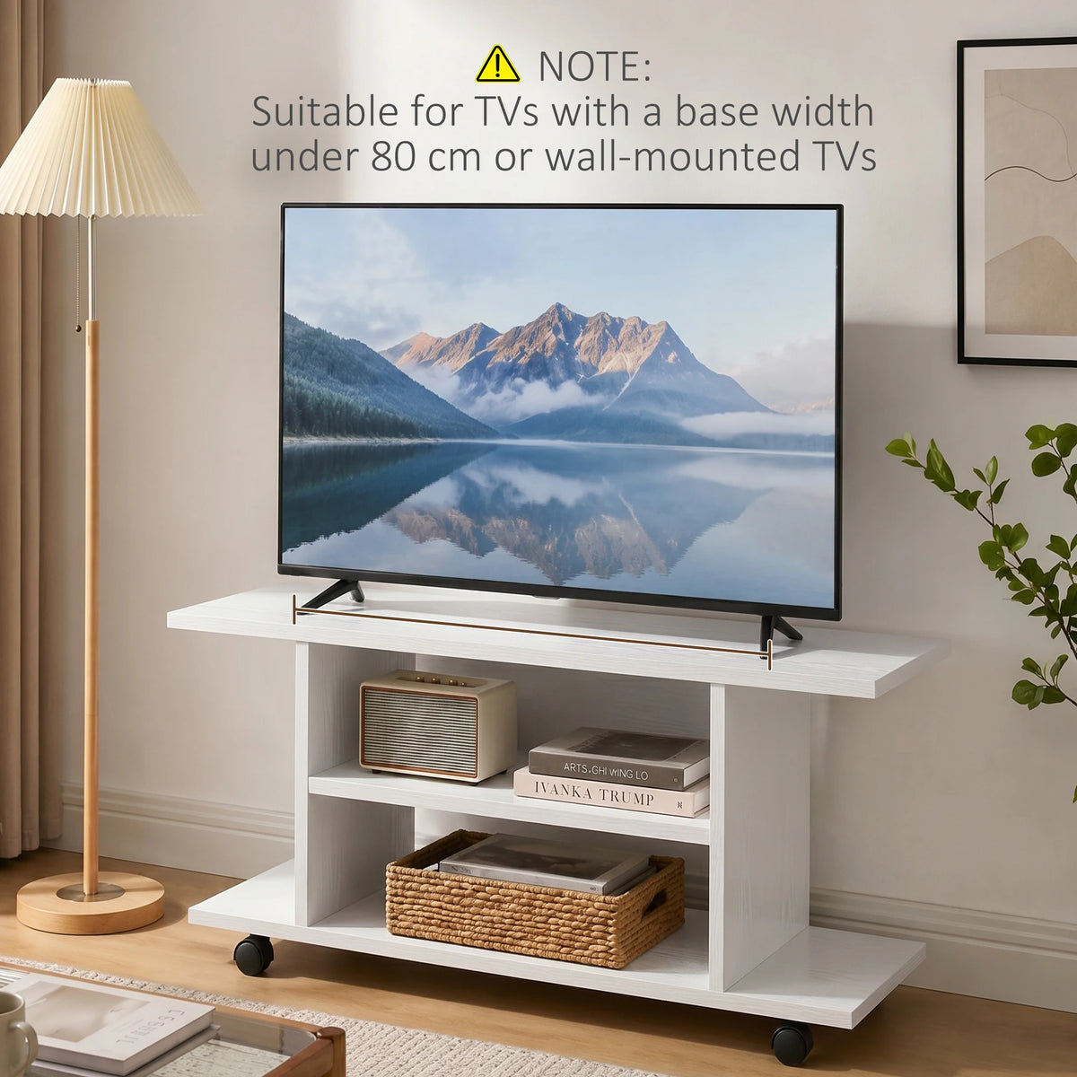 Modern 3-Tier TV Stand with Wheels and Open Shelves, White