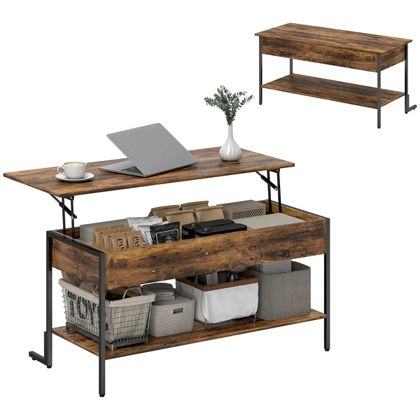 Industrial Lift Top Coffee Table with Storage Shelf, Rustic Brown