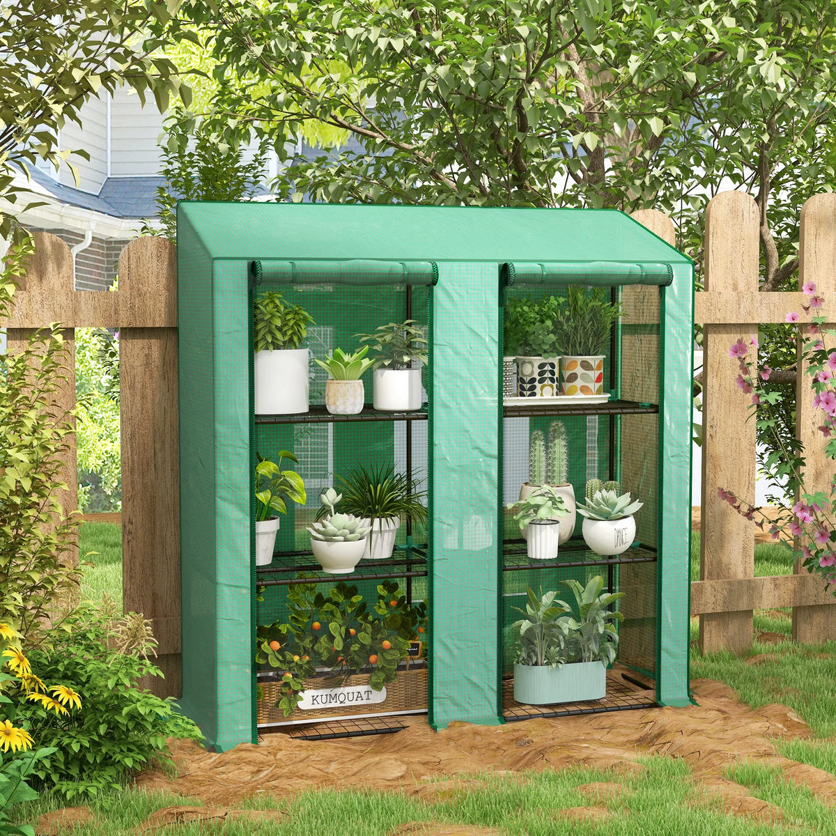 3 Tier Lean-to Mini Greenhouse with Reinforced Plastic Cover, Portable Indoor Outdoor Green House with 2 Roll-up Doors