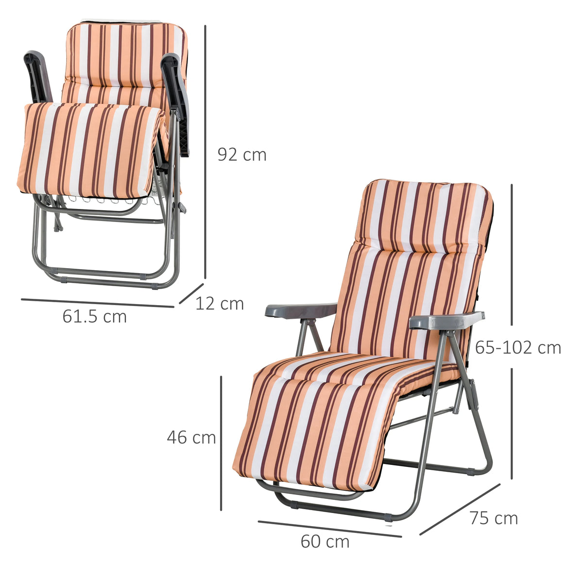 Set of 2 Garden Sun Loungers, Foldable Adjustable Reclining Seats, Orange and White