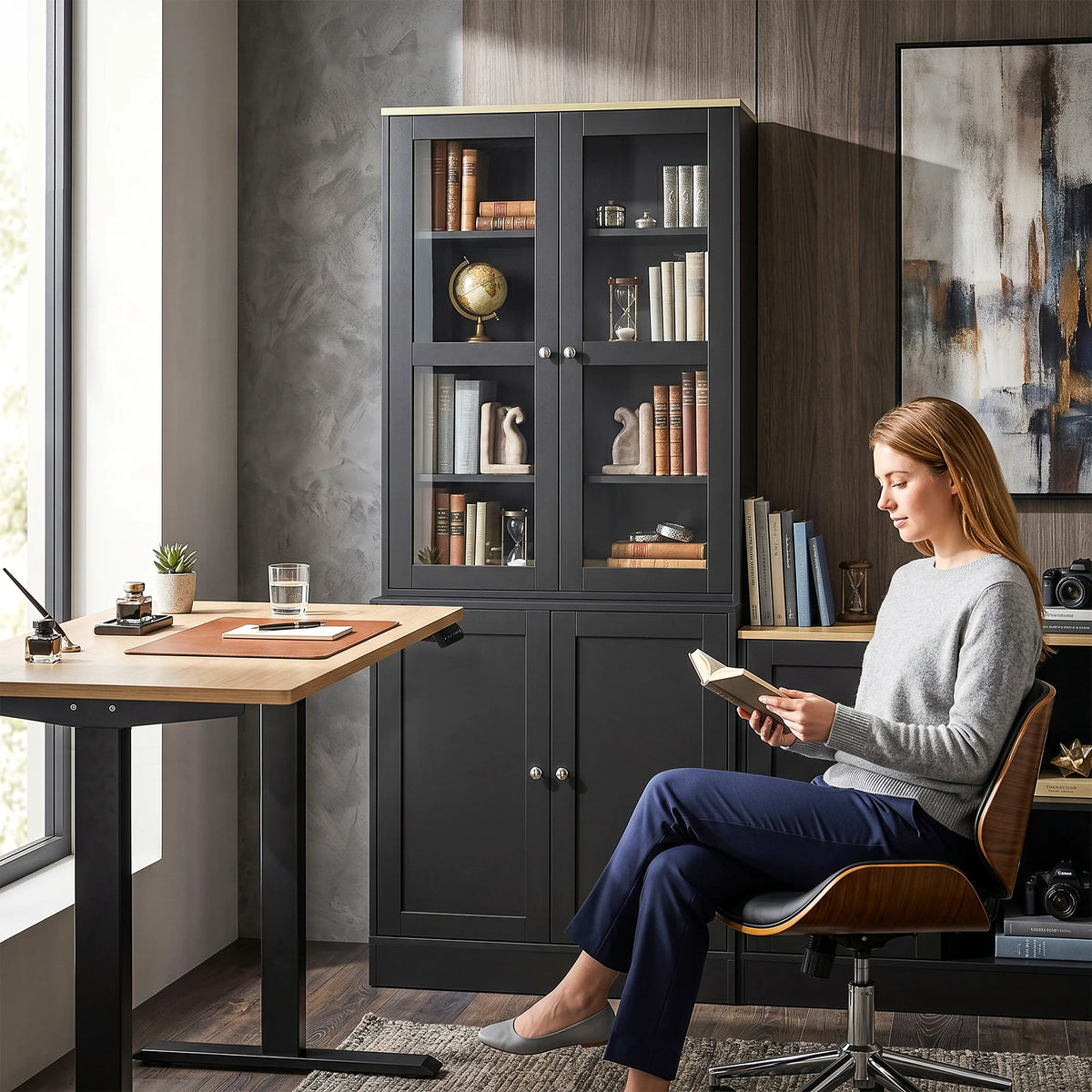 Bookcase Display Cabinet with Glass Doors and Adjustable Shelves, Black